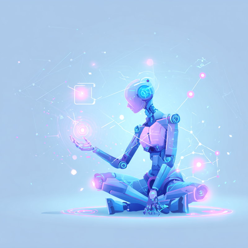 Illustration einer Agentic AI Figur in humanoider Form, die autonom arbeitet, mit digitalen Werkzeugen interagiert und sich mit anderen KI-Agenten über ein Netzwerk verbindet 